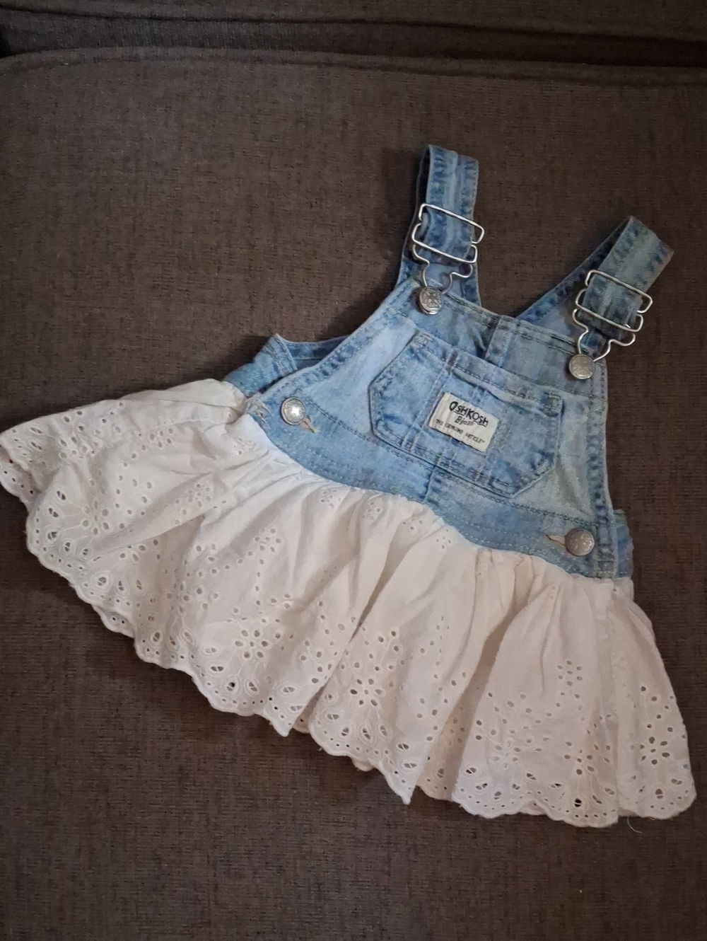 OshKosh B'gosh Light Blue Denim & White Eyelet Skirt Dress Overalls Size 3 Month